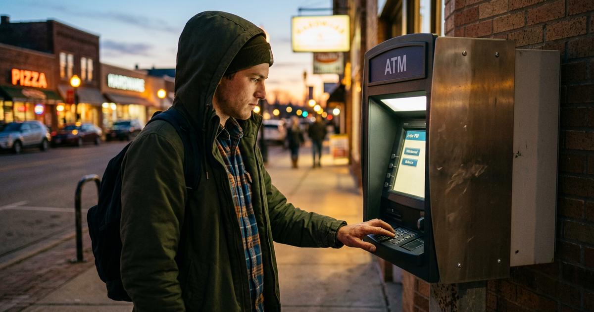 A man withdrawing cash at an outdoor ATM at dusk