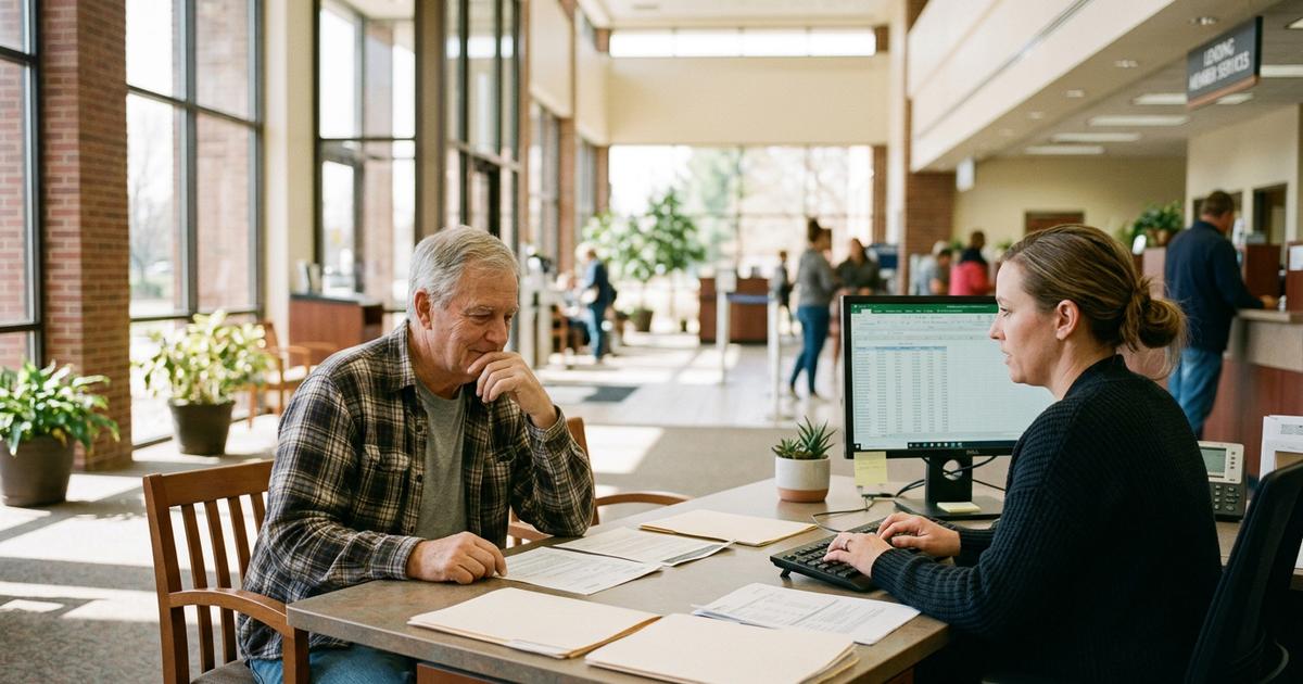 A customer seated with a bank representative at a branch desk
