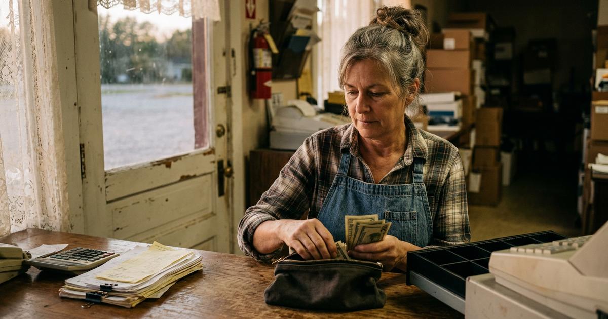 A shop owner counting the day's cash into a zippered deposit bag