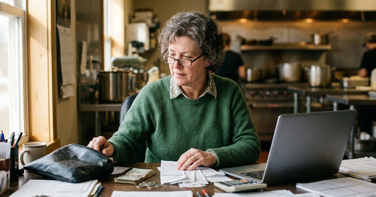 A small business owner going over receipts and a deposit bag at a back-office desk