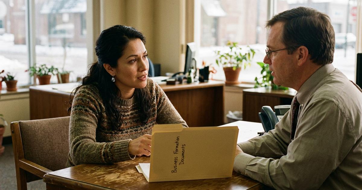 A business owner opening an account with formation documents on the banker's desk