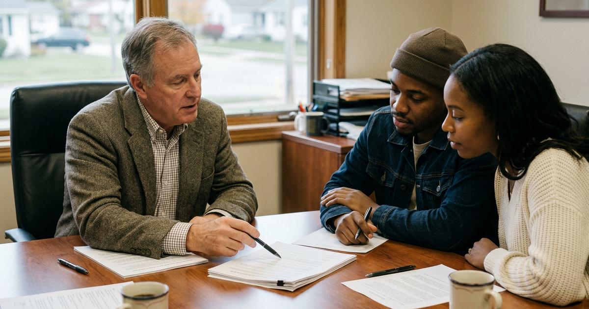 An attorney pointing out a line on a contract to a couple at a closing table