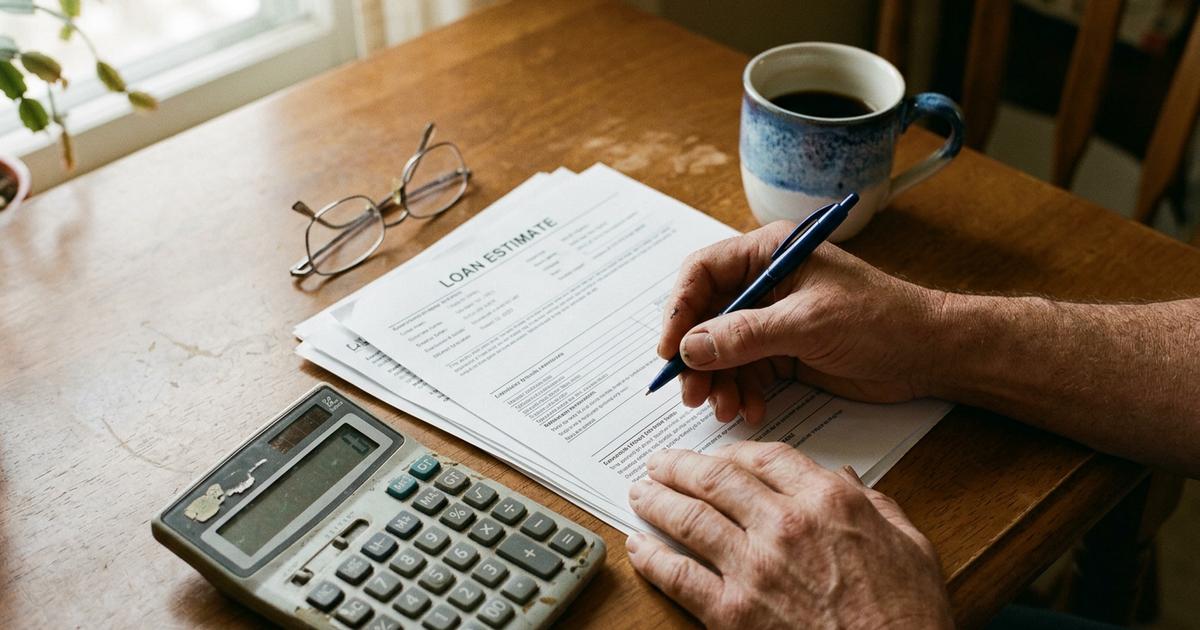 A loan estimate form, a calculator and reading glasses on a kitchen table