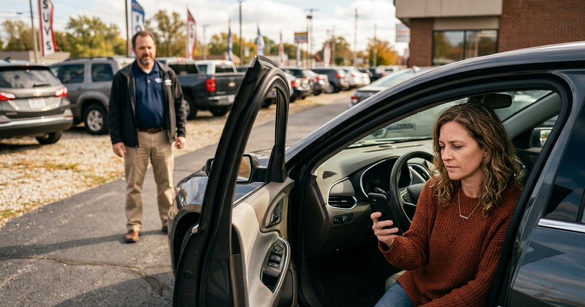 A shopper checking a preapproval on her phone in the driver's seat of a used car