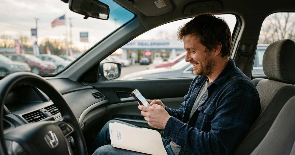 A car shopper reviewing his loan preapproval on his phone before walking the lot