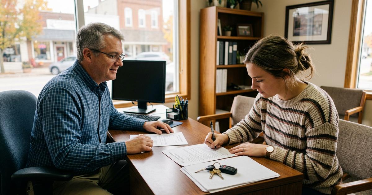 A buyer signing auto loan paperwork with the car keys on the desk