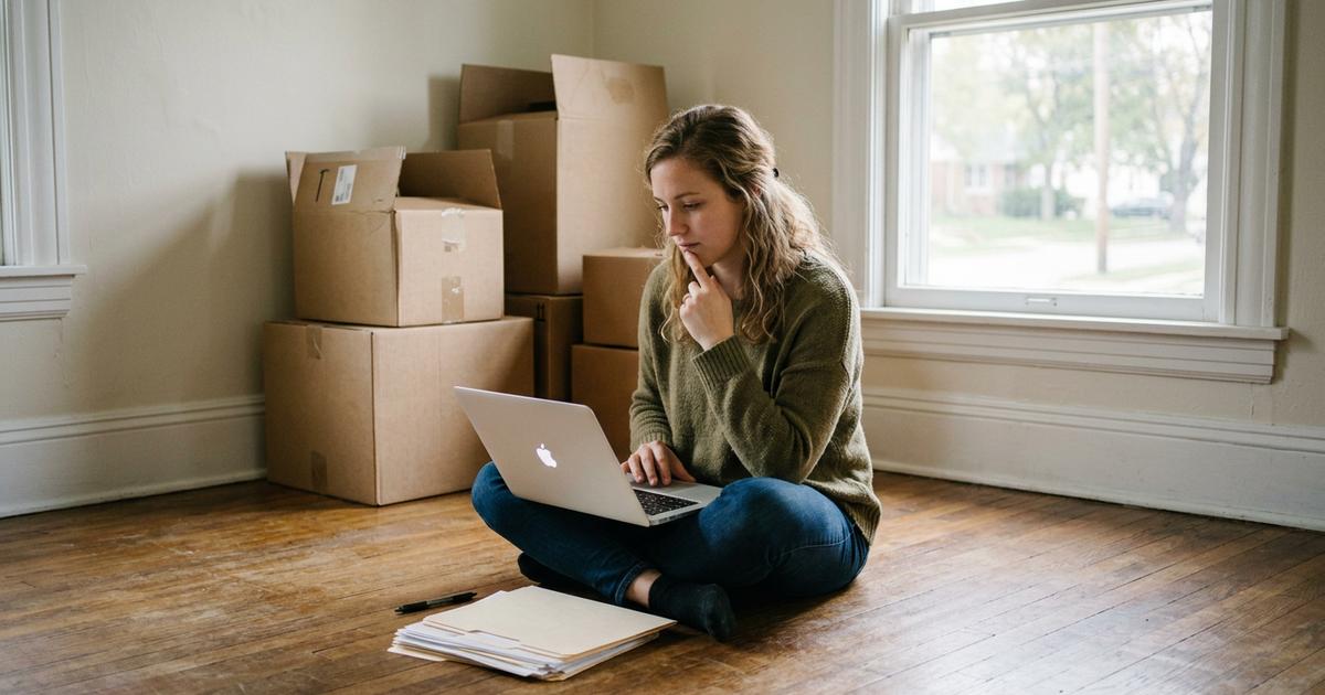 A first-time buyer with a laptop and paperwork in an empty living room