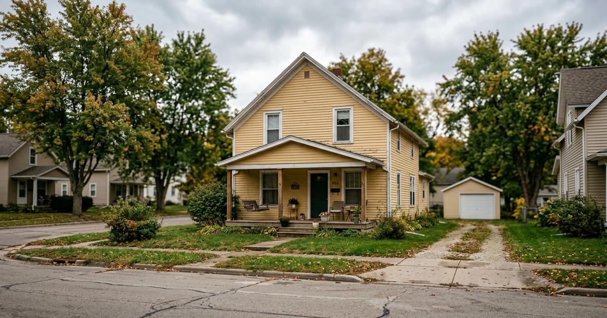 A modest two-story house on a quiet residential street in a Metro East river town