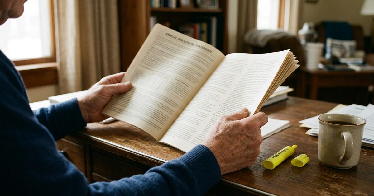 Hands holding a printed adviser disclosure brochure open on a desk