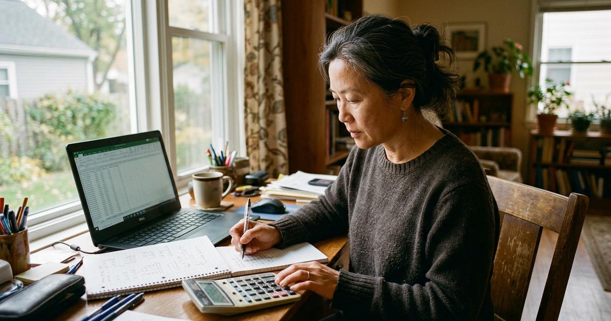 A woman working through advisory fee arithmetic by hand with a calculator