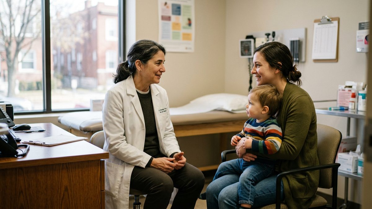 A parent holding a newborn in a quiet pediatric exam room with a growth chart on the wall