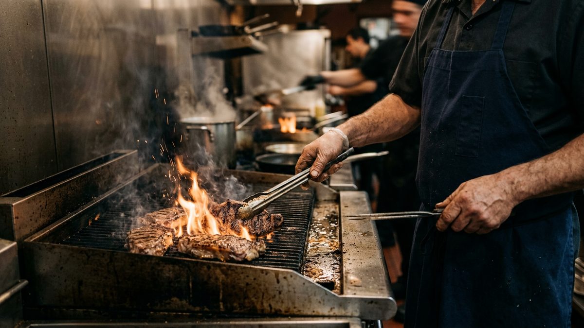 A dry-aged ribeye and shared sides on a dark steakhouse table in the St. Louis area