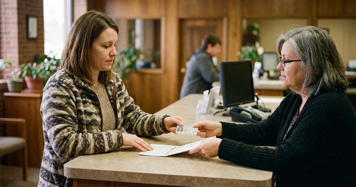 A new member handing identification and a form to a member services representative
