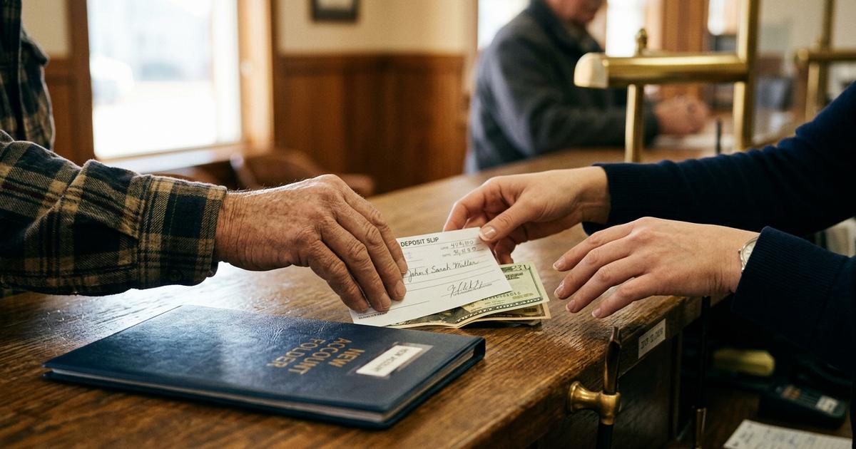 A deposit slip and cash placed on the counter beside a new account folder