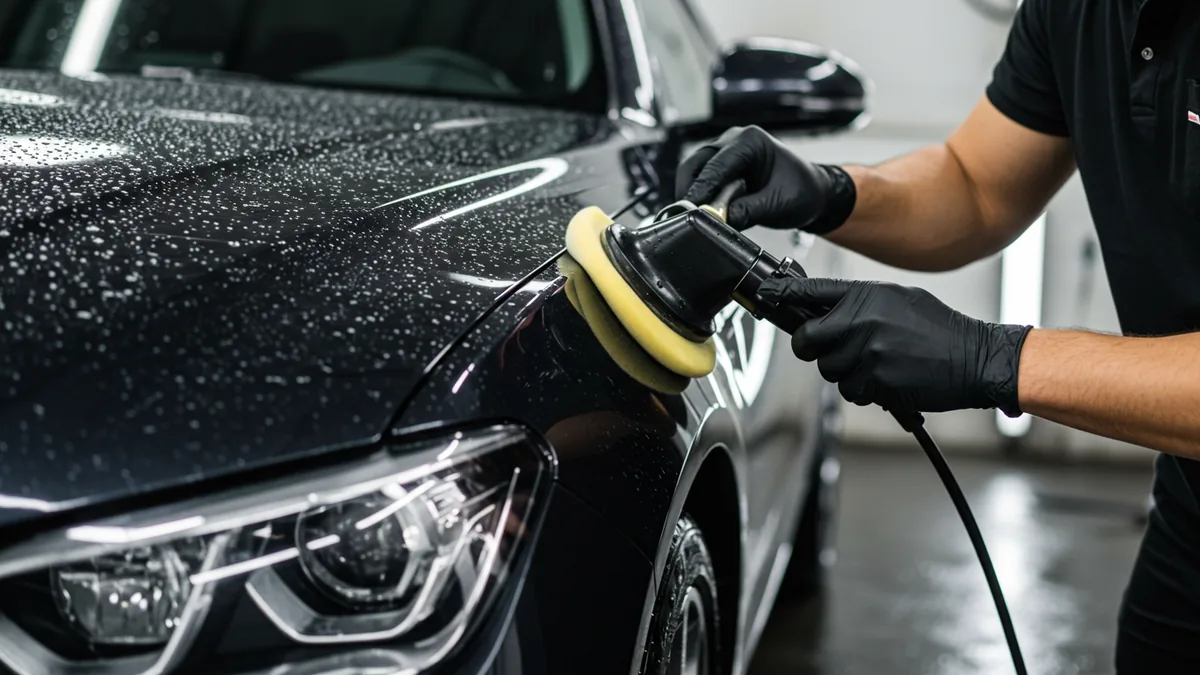 a professional detailing a car, buffing the glossy paint with water beading on the surface Editorial photograph, natural lighting, realistic, high quality. No text, no words, no le