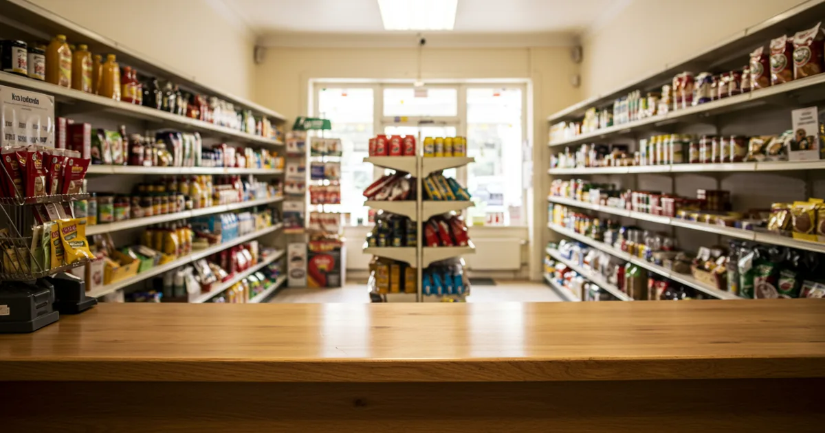 A small shop counter with a card reader and receipt spool