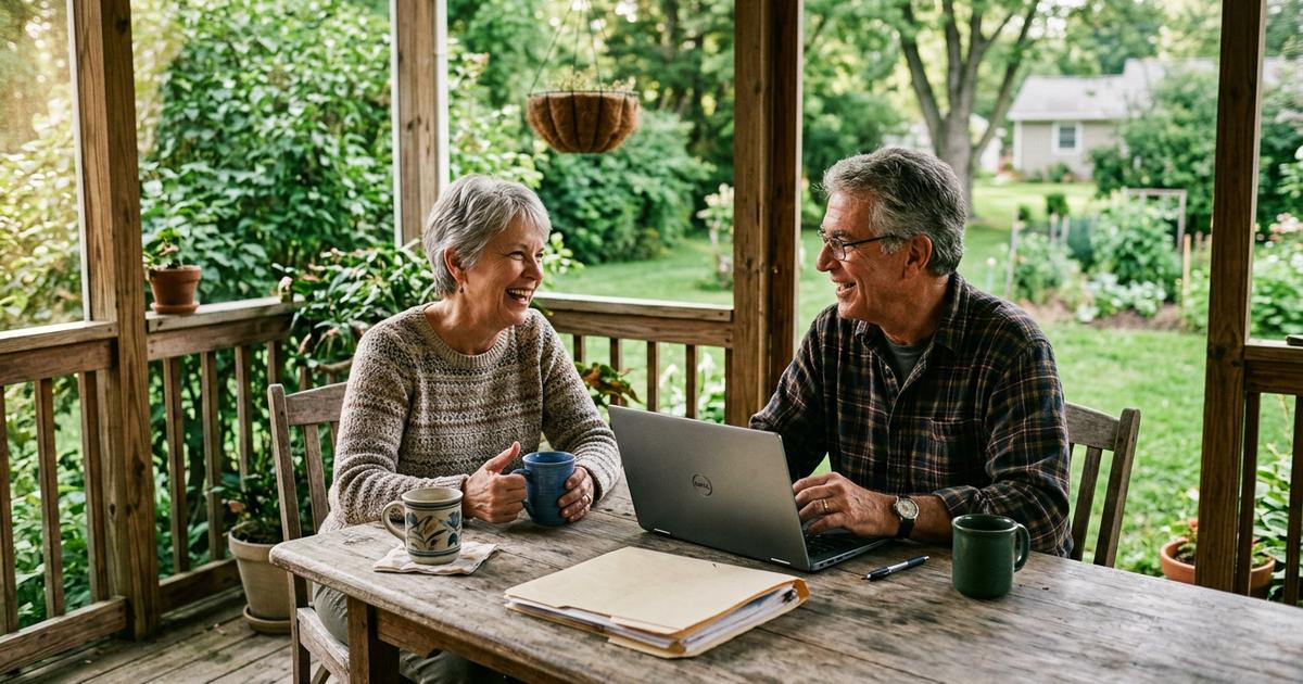 A retired couple reviewing paperwork together on their back porch