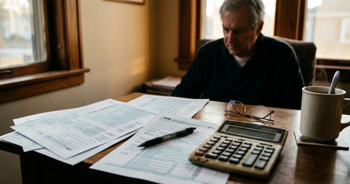 State and federal tax forms fanned out on a desk with a calculator