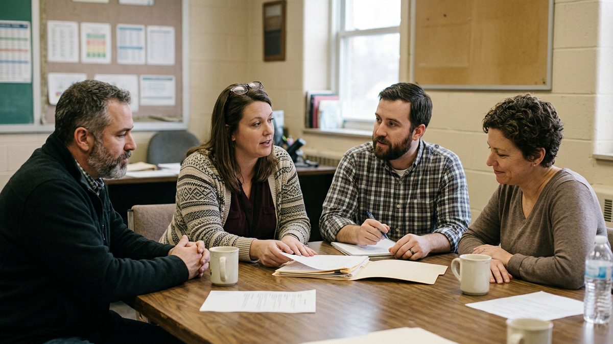 A parent and a school team reviewing an IEP document together at a table in a St. Louis area school