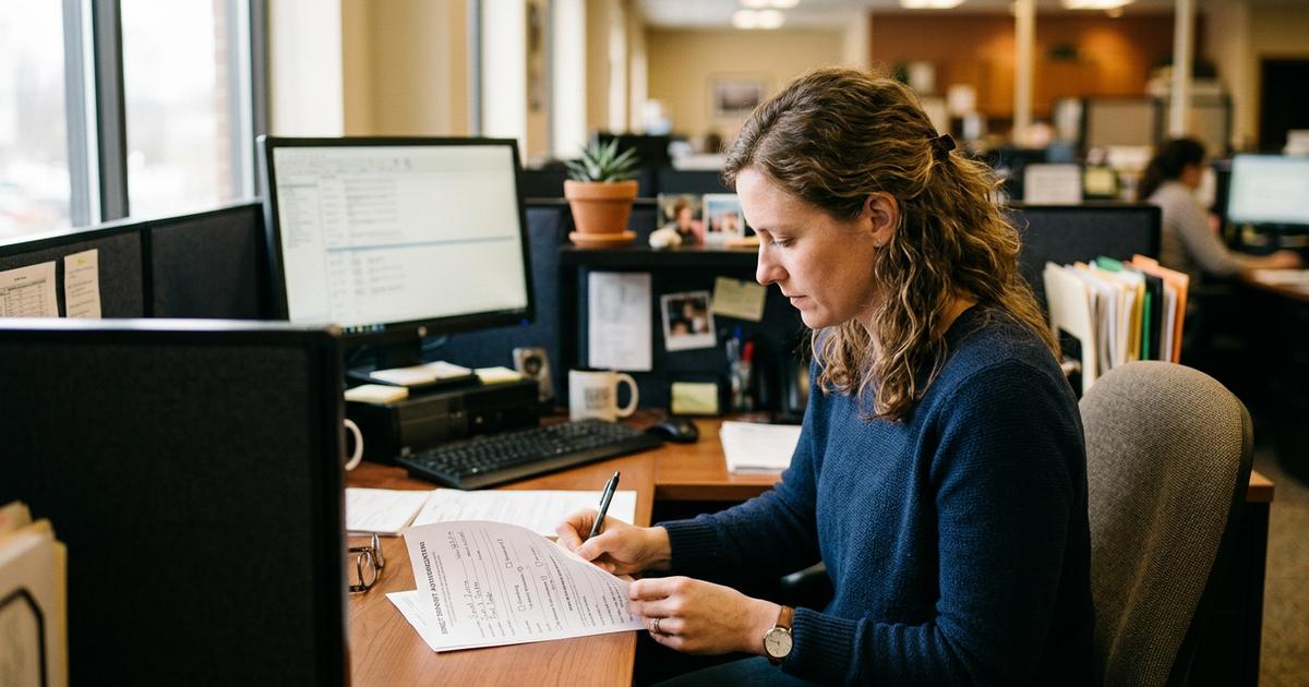 An employee filling out a paper direct deposit form at her desk at work