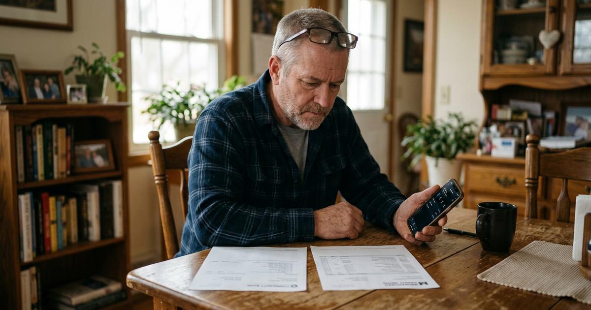 A man comparing two bank statements side by side at his dining table