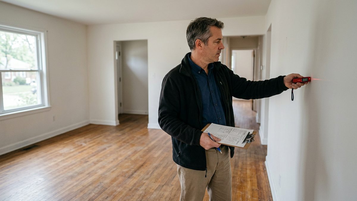 An appraiser measuring the exterior of a brick house with a laser distance tool in a St. Louis neighborhood