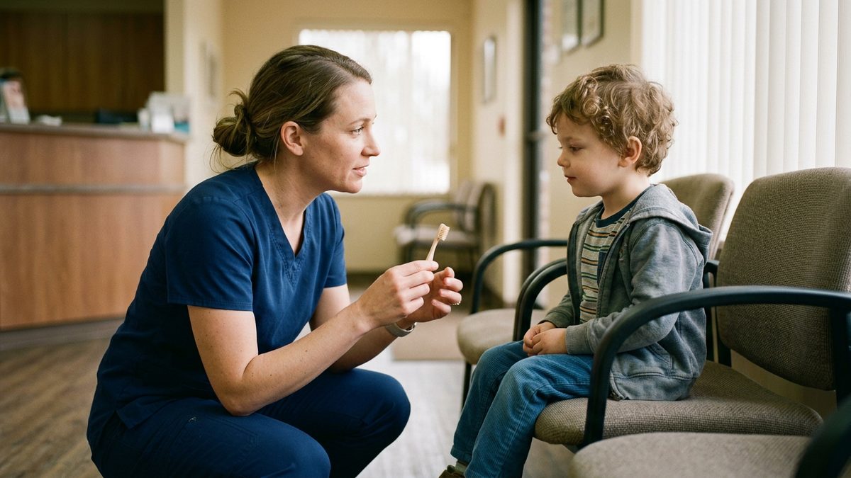 A toddler on a parent lap during a knee-to-knee exam with a pediatric dentist in St. Louis