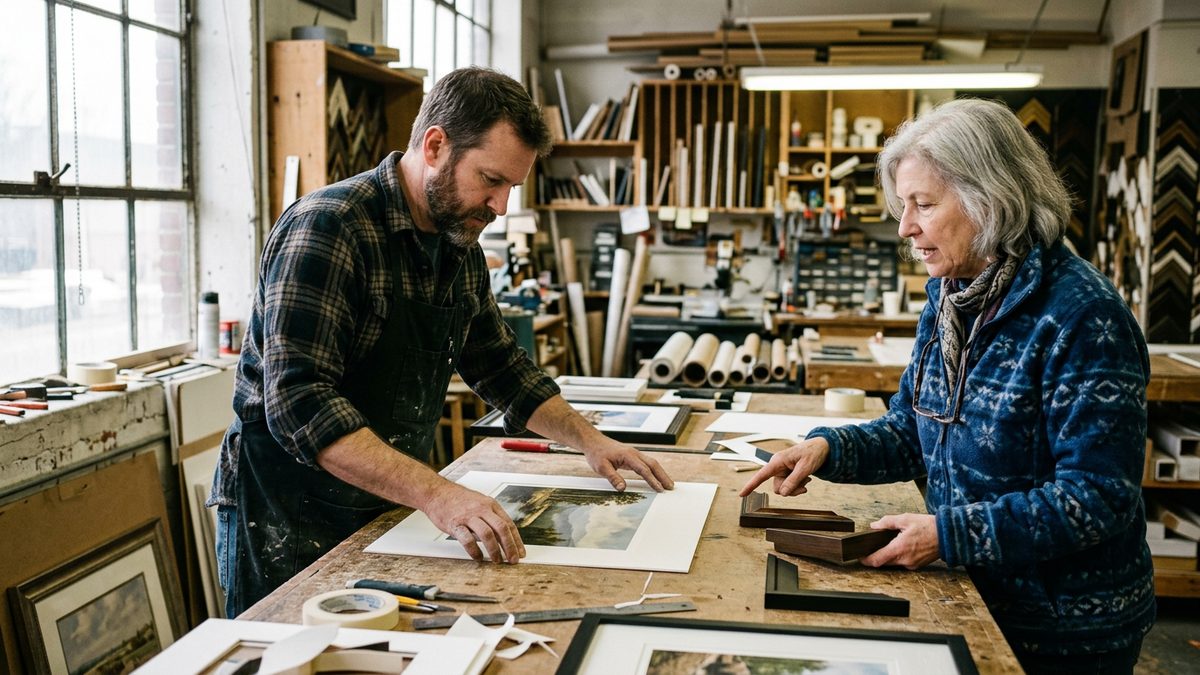 A framer laying a conservation mat board and a sheet of UV glazing over an old family photograph on a workbench