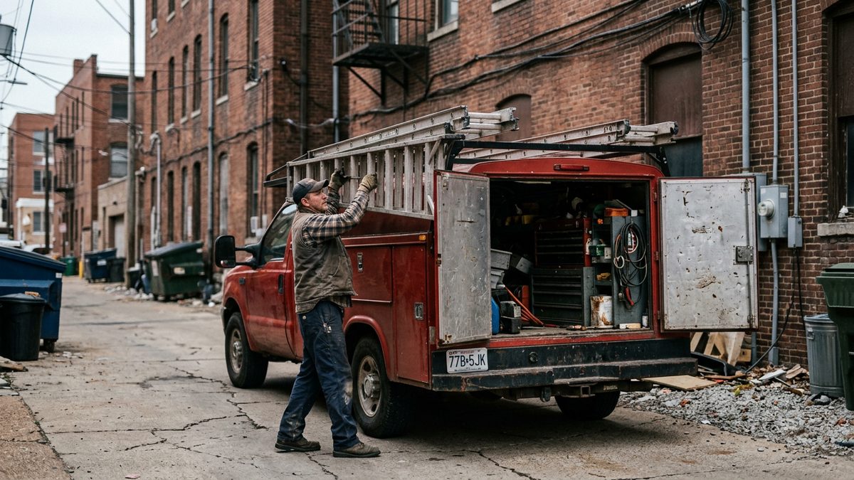 A contractor service truck with a utility body parked at a job site in the St. Louis metro