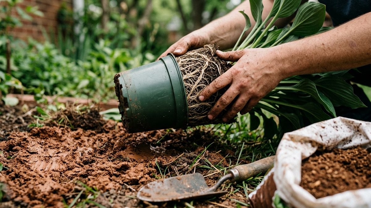 A gardener checking the root ball of a container-grown shrub before planting in St. Louis clay soil