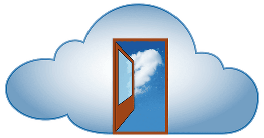 graphic image of a blue and white cloud shap with an open door leading to a different sky with a cloud